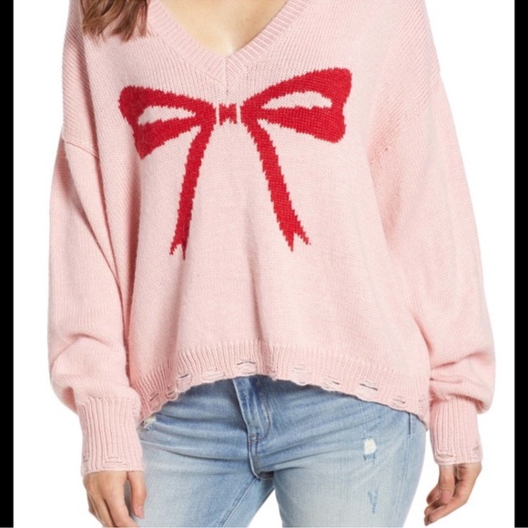 WILDFOX Clemente Intarsia Pink Bow Distressed Sweater Sz L - Picture 6 of 6